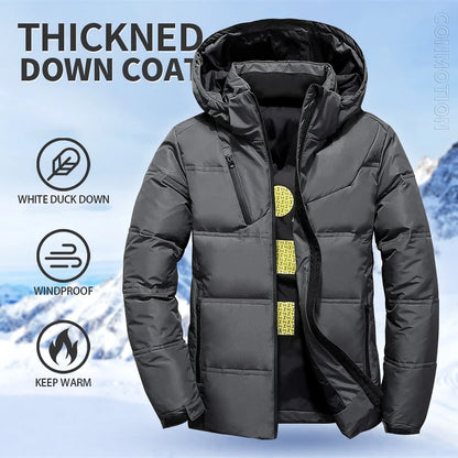 Pato branco para baixo jaqueta masculina inverno casaco à prova de vento removível boné parkas cor sólida ao ar livre casual com capuz roupas