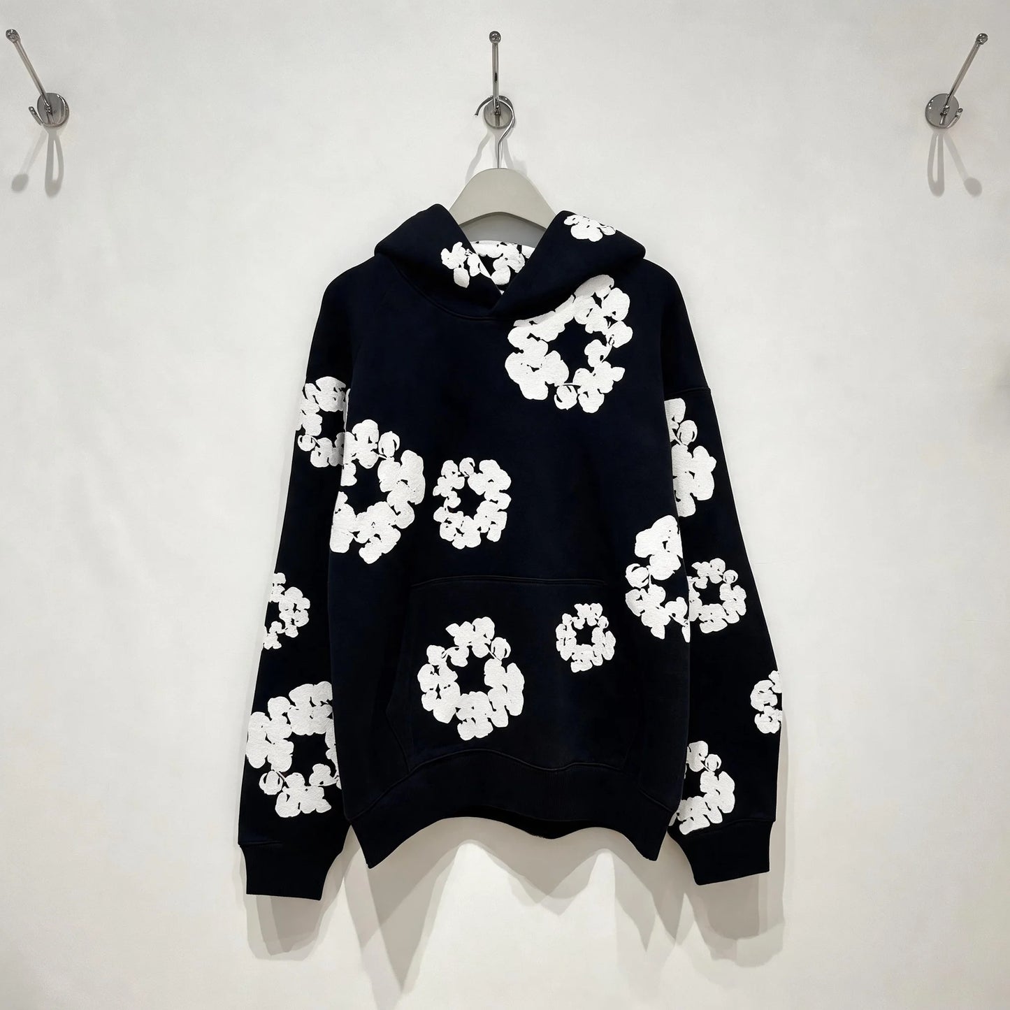Moletom com Capuz Unissex Oversized com Estampa Floral em Espuma, Estilo Streetwear Hip Hop Y2K, Preto