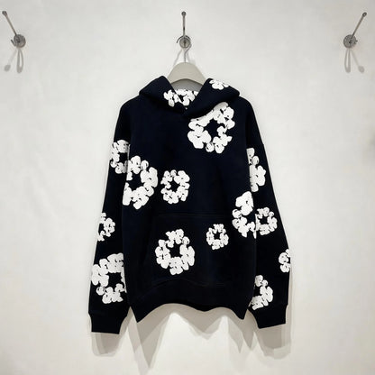 Moletom com Capuz Unissex Oversized com Estampa Floral em Espuma, Estilo Streetwear Hip Hop Y2K, Preto