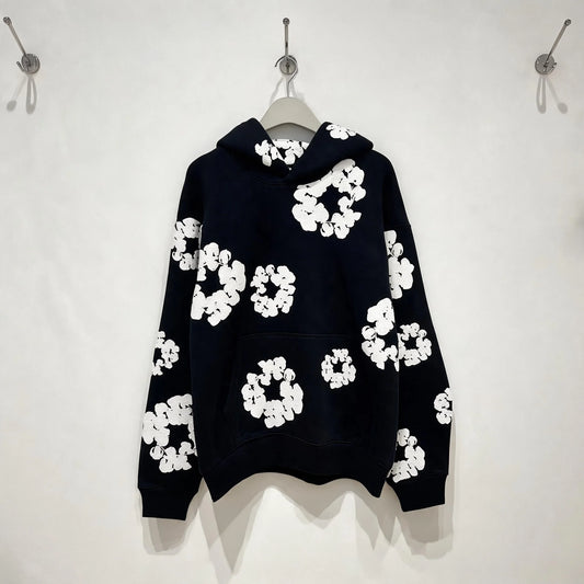 Moletom com Capuz Unissex Oversized com Estampa Floral em Espuma, Estilo Streetwear Hip Hop Y2K, Preto