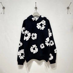 Moletom com Capuz Unissex Oversized com Estampa Floral em Espuma, Estilo Streetwear Hip Hop Y2K, Preto