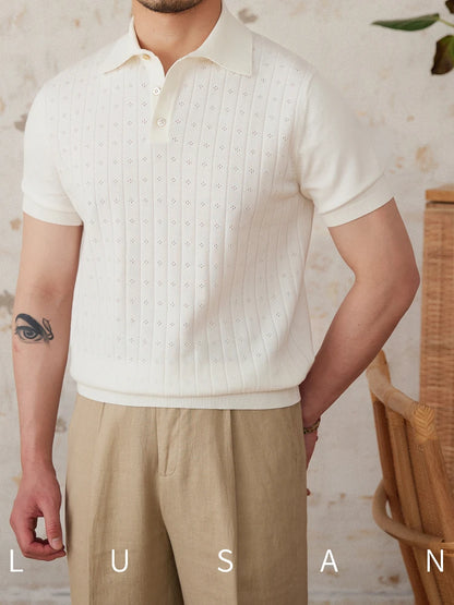 Verão viajando lapela camisa polo de manga curta algodão puro respirável oco retro cavalheiro wear versátil na moda masculina
