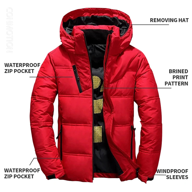 Pato branco para baixo jaqueta masculina inverno casaco à prova de vento removível boné parkas cor sólida ao ar livre casual com capuz roupas