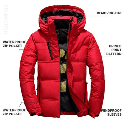 Pato branco para baixo jaqueta masculina inverno casaco à prova de vento removível boné parkas cor sólida ao ar livre casual com capuz roupas