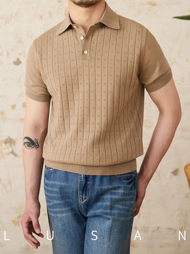 Verão viajando lapela camisa polo de manga curta algodão puro respirável oco retro cavalheiro wear versátil na moda masculina