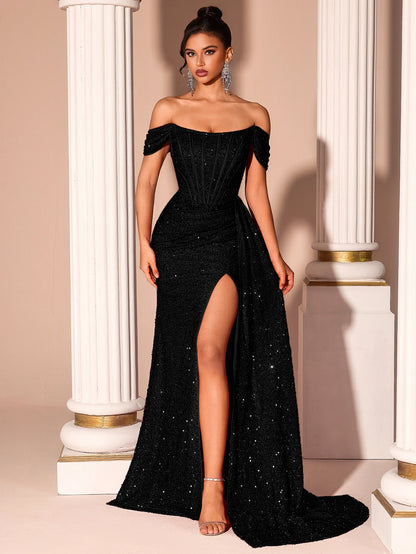 Vestido de Festa Adyce Feminino com Lantejoulas, Ombro a Ombro, Fenda Alta, Costas Nuas e Amarrações para Casamento, Aniversário e Eventos Formais