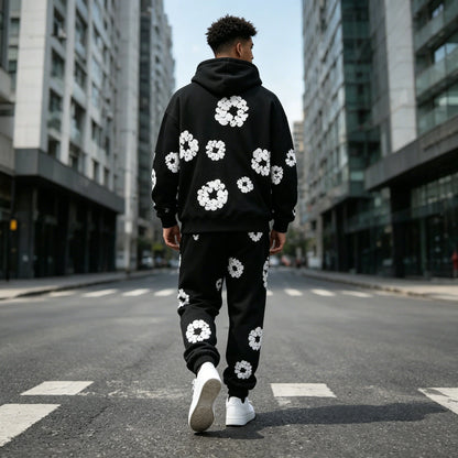 Moletom com Capuz Unissex Oversized com Estampa Floral em Espuma, Estilo Streetwear Hip Hop Y2K, Preto