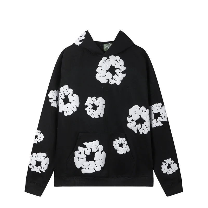 Moletom com Capuz Unissex Oversized com Estampa Floral em Espuma, Estilo Streetwear Hip Hop Y2K, Preto