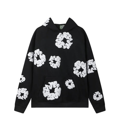 Moletom com Capuz Unissex Oversized com Estampa Floral em Espuma, Estilo Streetwear Hip Hop Y2K, Preto