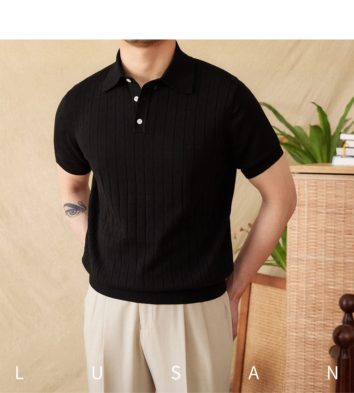 Verão viajando lapela camisa polo de manga curta algodão puro respirável oco retro cavalheiro wear versátil na moda masculina