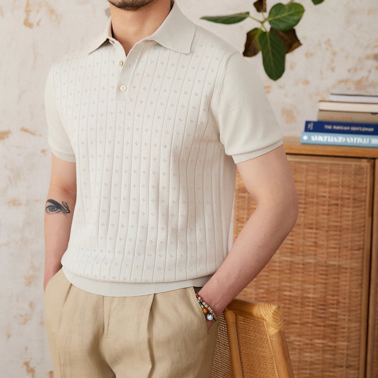 Verão viajando lapela camisa polo de manga curta algodão puro respirável oco retro cavalheiro wear versátil na moda masculina
