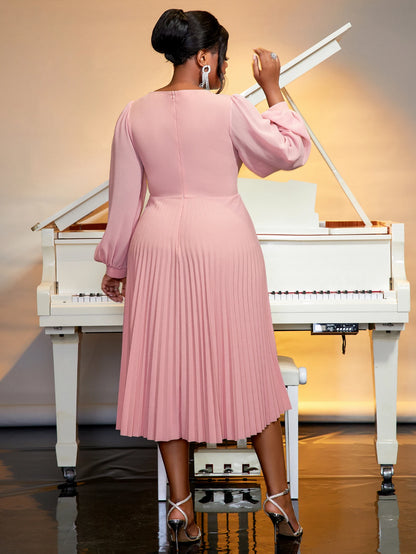Vestidos casuais rosa de manga comprida bufante com pregas florais e corte evasê para damas de honra (venda por atacado)