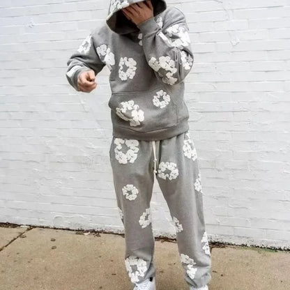 Moletom com Capuz Unissex Oversized com Estampa Floral em Espuma, Estilo Streetwear Hip Hop Y2K, Preto
