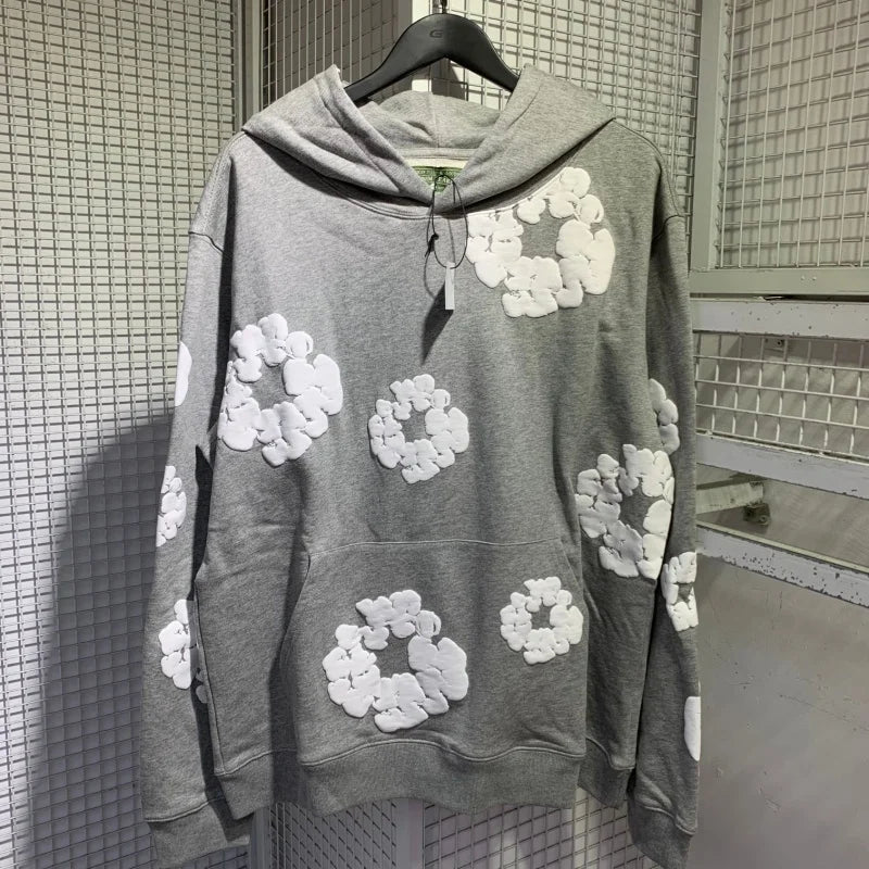 Moletom com Capuz Unissex Oversized com Estampa Floral em Espuma, Estilo Streetwear Hip Hop Y2K, Preto