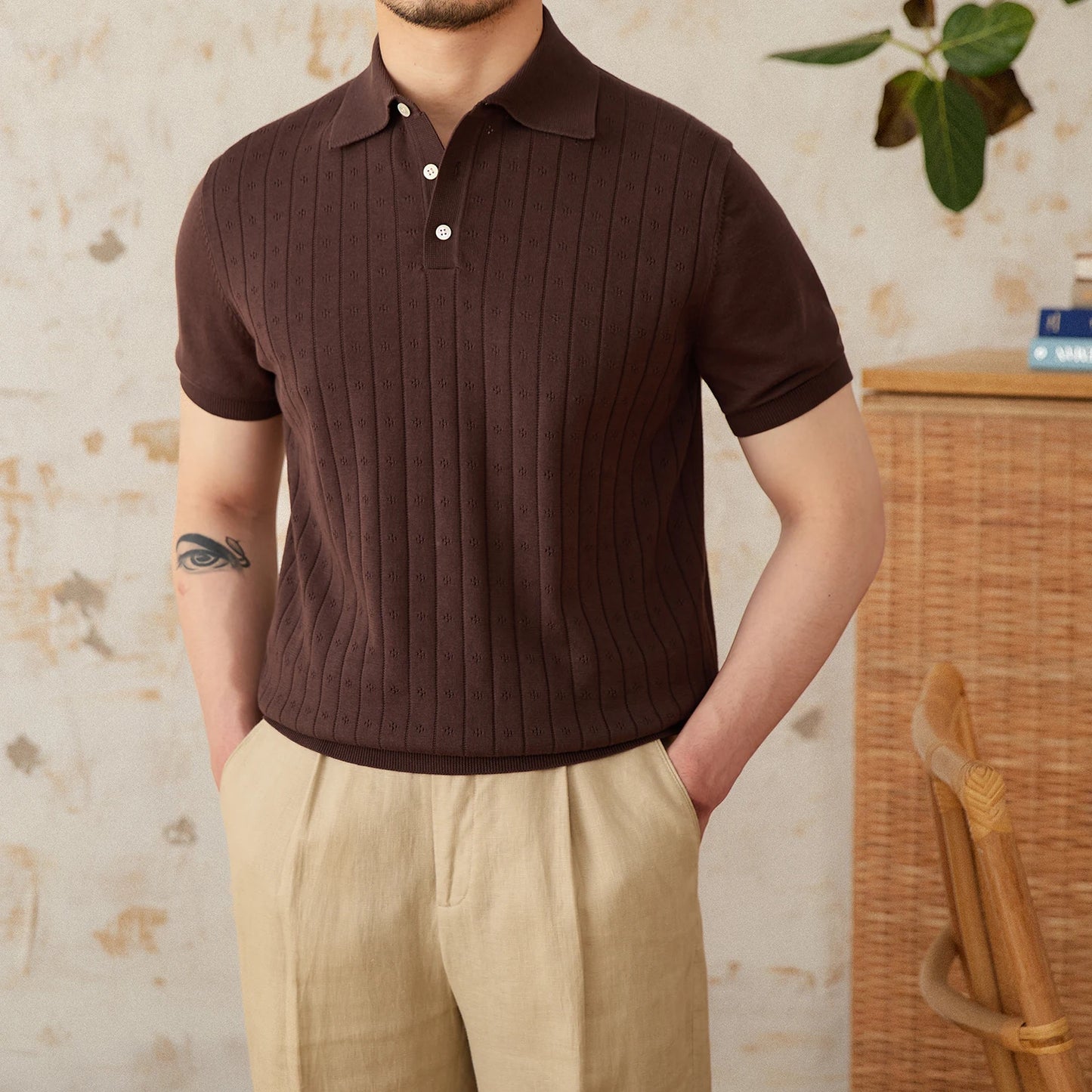 Verão viajando lapela camisa polo de manga curta algodão puro respirável oco retro cavalheiro wear versátil na moda masculina