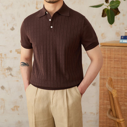 Verão viajando lapela camisa polo de manga curta algodão puro respirável oco retro cavalheiro wear versátil na moda masculina