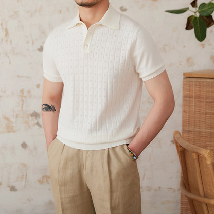 Verão viajando lapela camisa polo de manga curta algodão puro respirável oco retro cavalheiro wear versátil na moda masculina