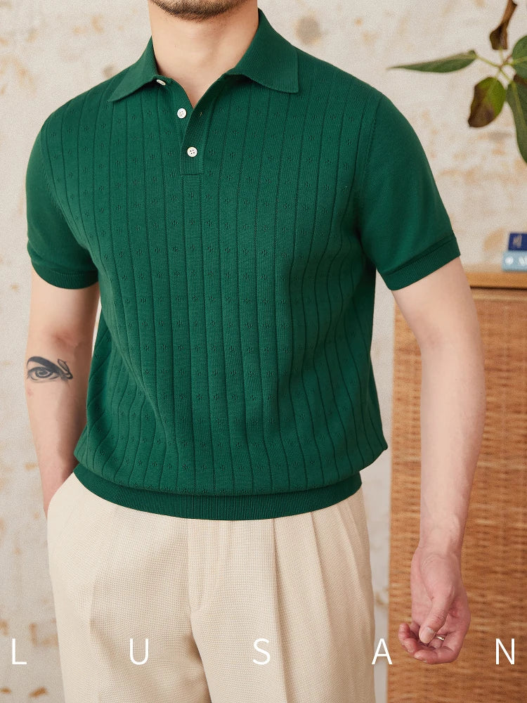 Verão viajando lapela camisa polo de manga curta algodão puro respirável oco retro cavalheiro wear versátil na moda masculina