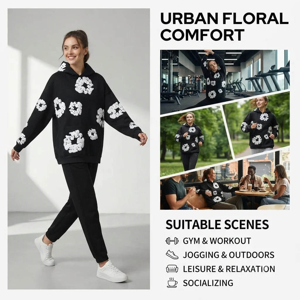 Moletom com Capuz Unissex Oversized com Estampa Floral em Espuma, Estilo Streetwear Hip Hop Y2K, Preto