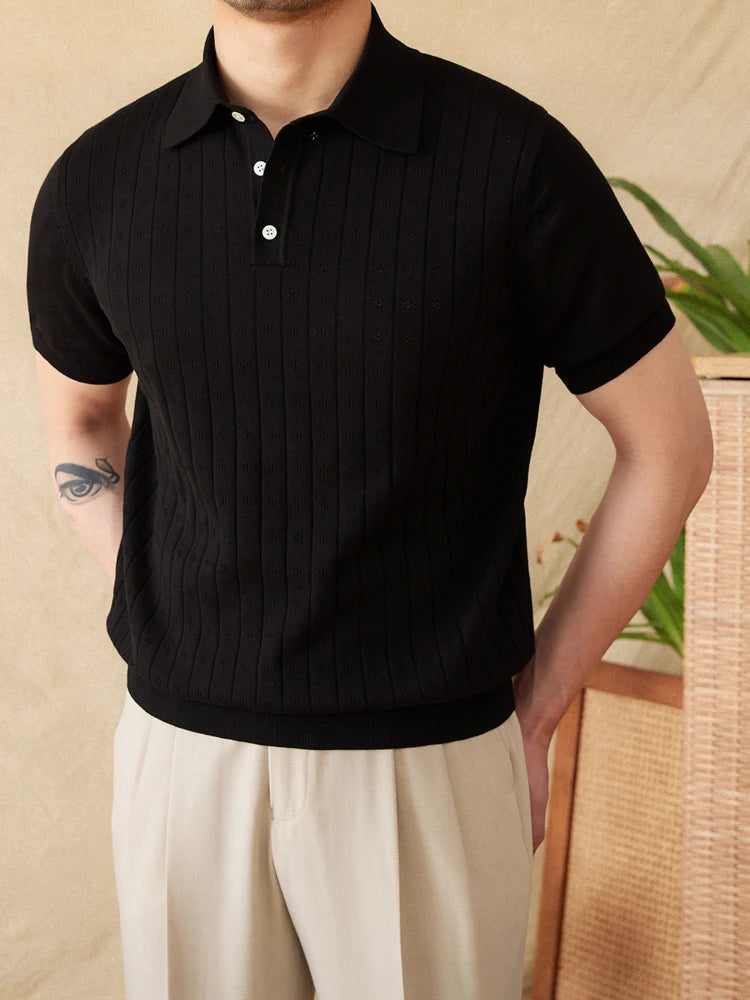 Verão viajando lapela camisa polo de manga curta algodão puro respirável oco retro cavalheiro wear versátil na moda masculina