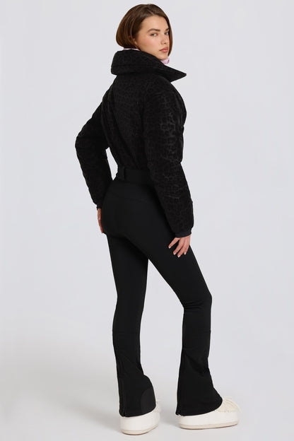 Waterproof Belted Layered Ski Suit in Black Leopard