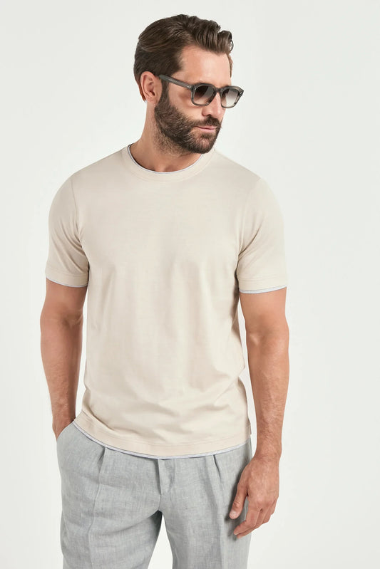Beige cotton t-shirt with collar detail - Made in Italy