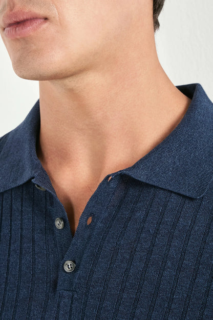 Blue cotton and linen ribbed polo - Made in Italy