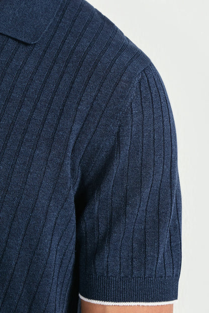 Blue cotton and linen ribbed polo - Made in Italy