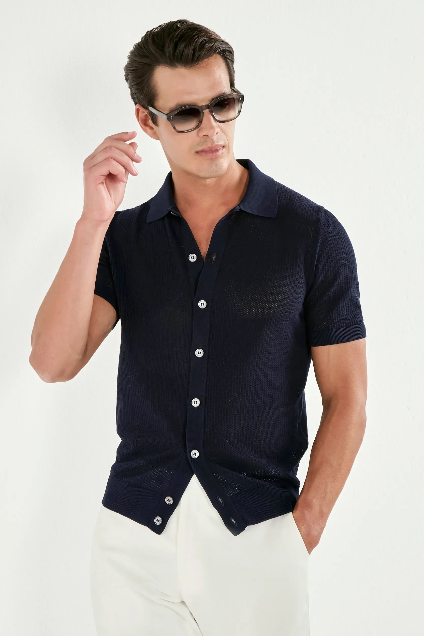 Blue knitted polo cardigan - Made in Italy