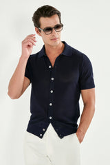 Blue knitted polo cardigan - Made in Italy