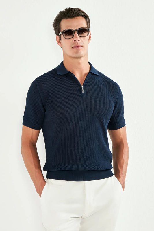 Blue ribbed zipped polo - Made in Italy