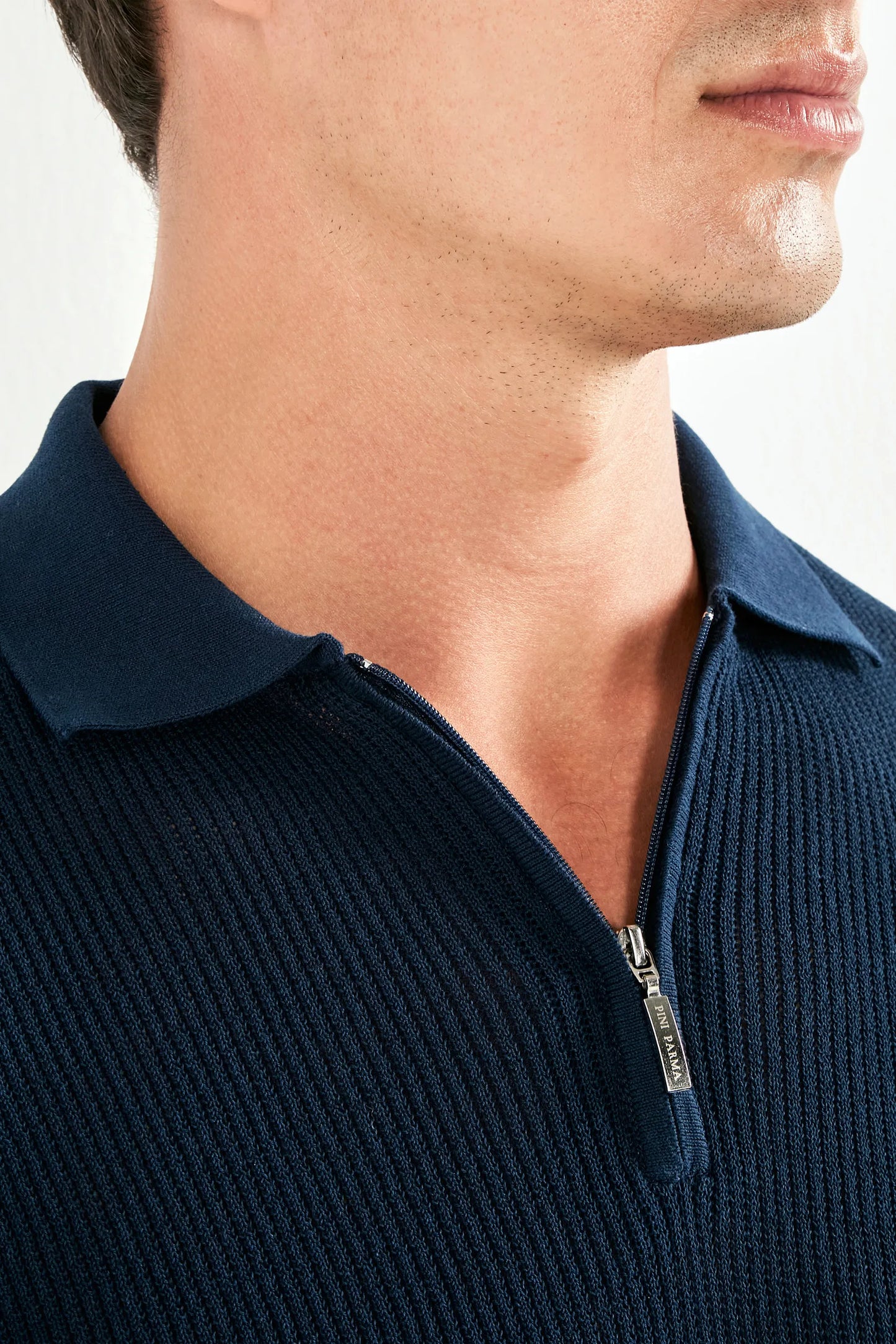 Blue ribbed zipped polo - Made in Italy