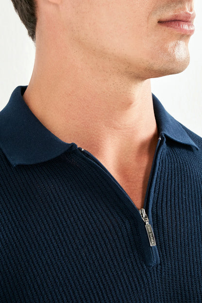 Blue ribbed zipped polo - Made in Italy