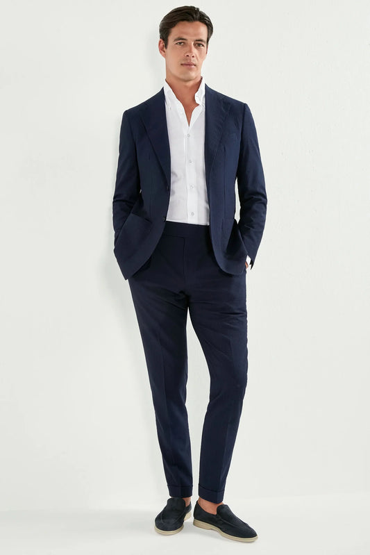 Blue wool and silk seersucker suit - Made in Italy