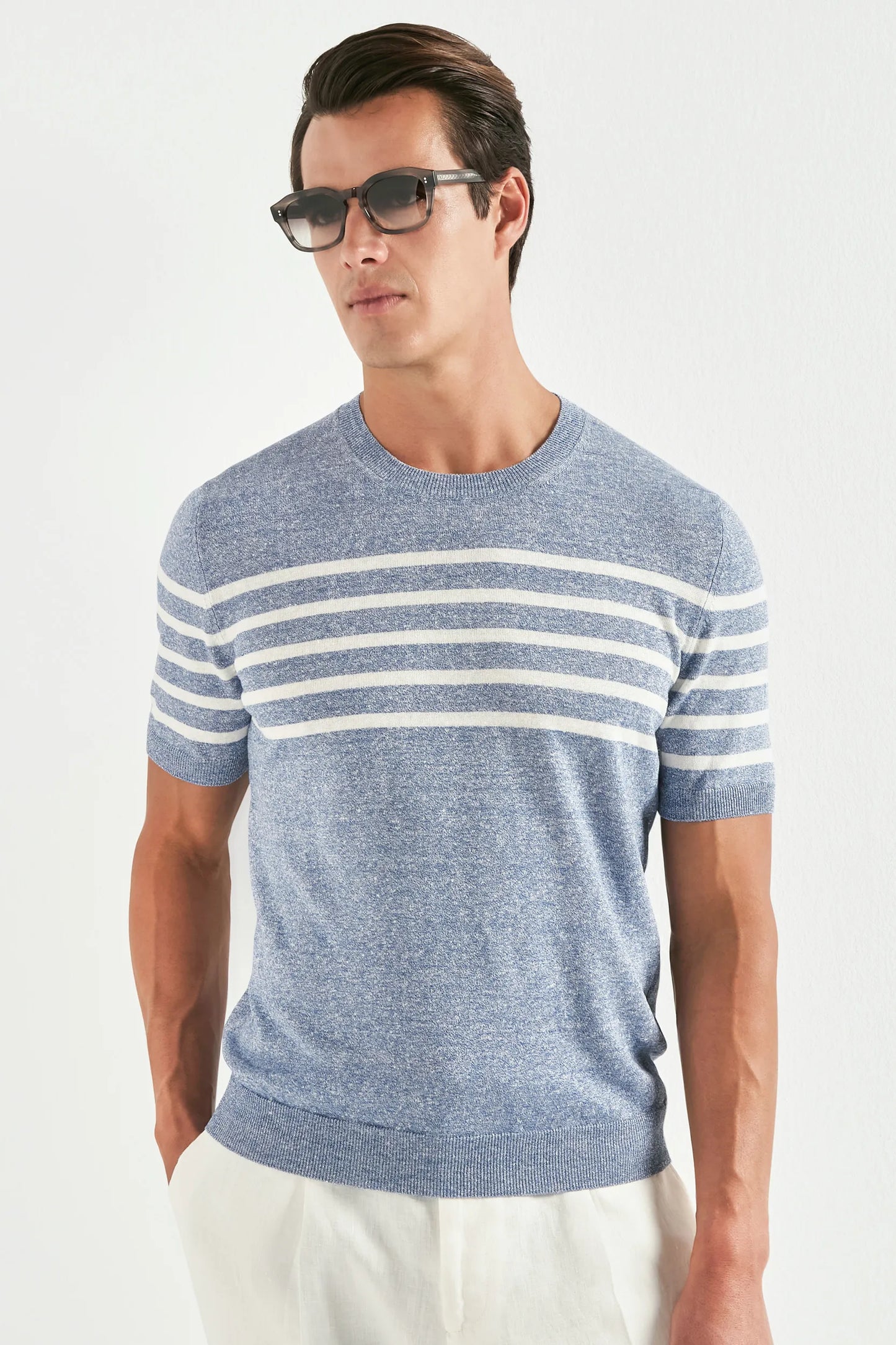 Dusty blue striped linen t-shirt - Made in Italy
