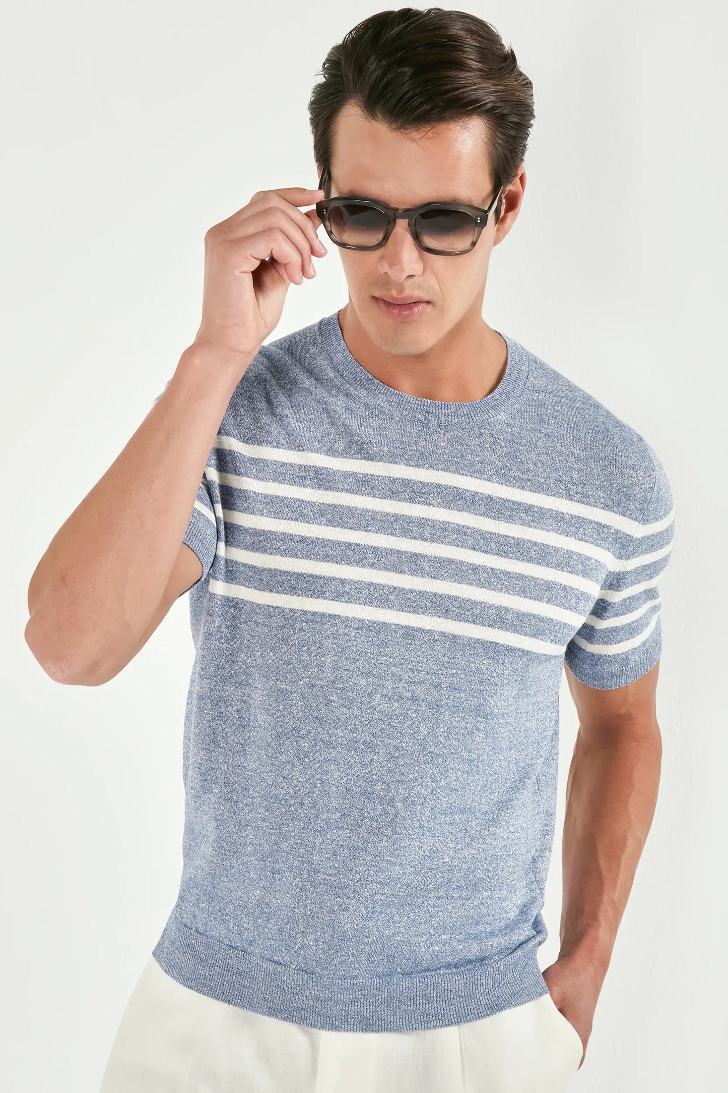 Dusty blue striped linen t-shirt - Made in Italy