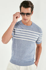 Dusty blue striped linen t-shirt - Made in Italy