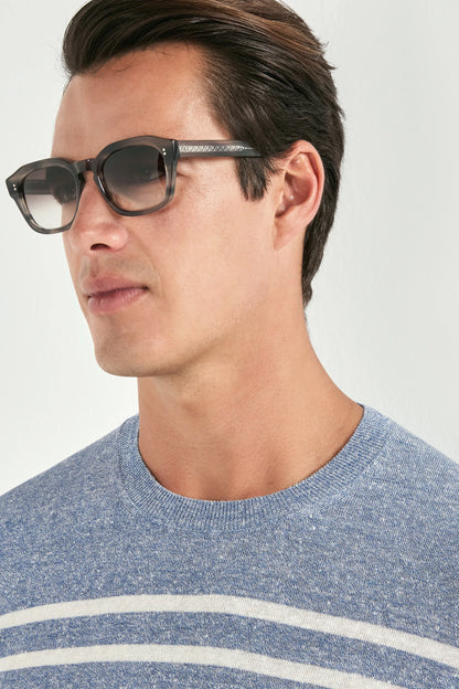 Dusty blue striped linen t-shirt - Made in Italy