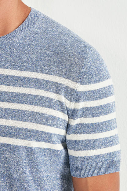 Dusty blue striped linen t-shirt - Made in Italy