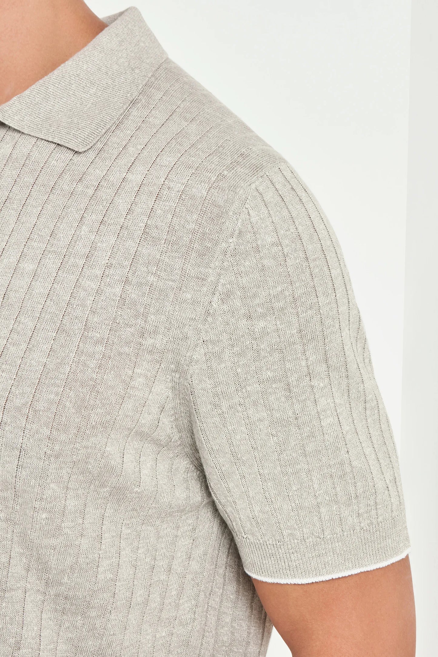 Ecru cotton and linen ribbed polo - Made in Italy