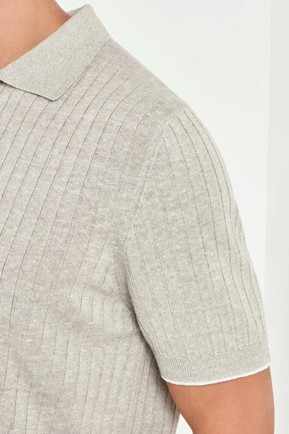 Ecru cotton and linen ribbed polo - Made in Italy