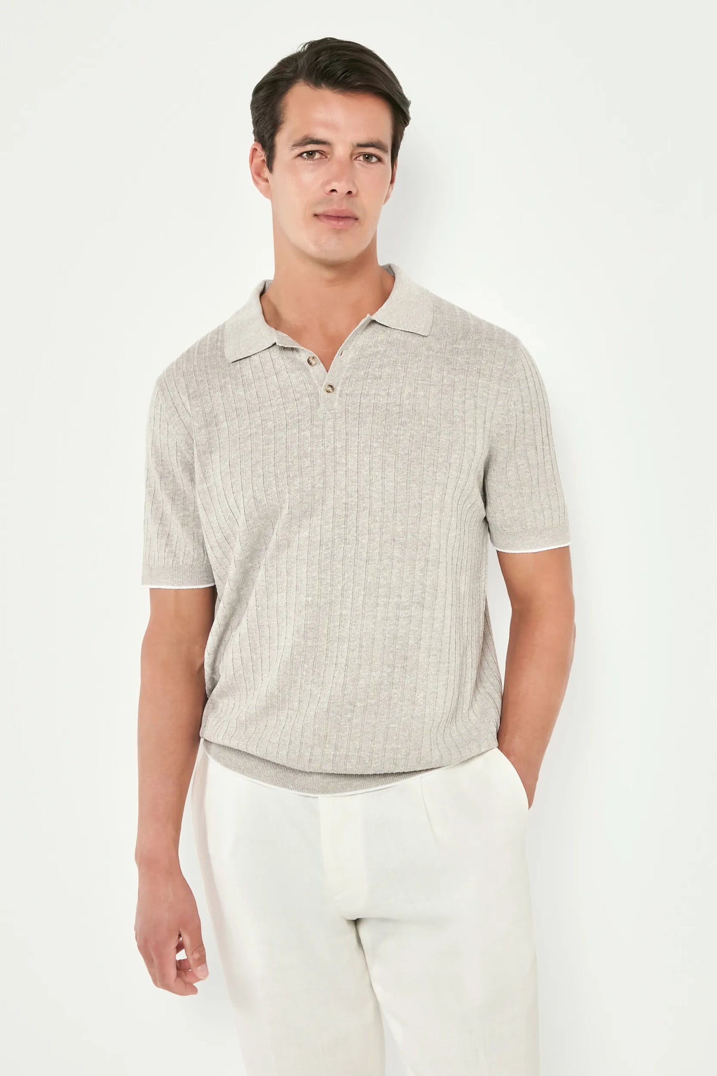 Ecru cotton and linen ribbed polo - Made in Italy
