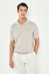 Ecru cotton and linen ribbed polo - Made in Italy