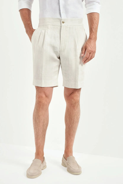 Ecru striped linen relaxed shorts - Made in Italy