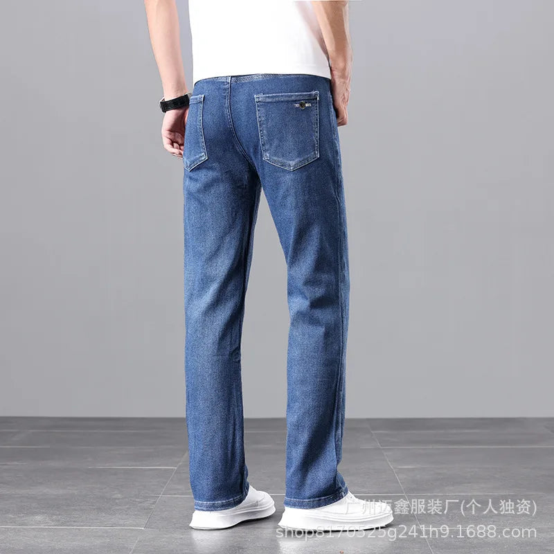 Calça Jeans Masculina Plus Size de Alta Elasticidade, Corte Reto e Largo, Cintura Média-Alta (Atacado)