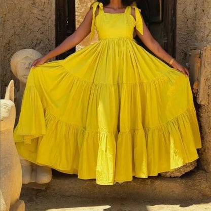 Vestido Feminino de Verão Estilo Halter com Laço, Cintura Marcada e Saia Ampla
