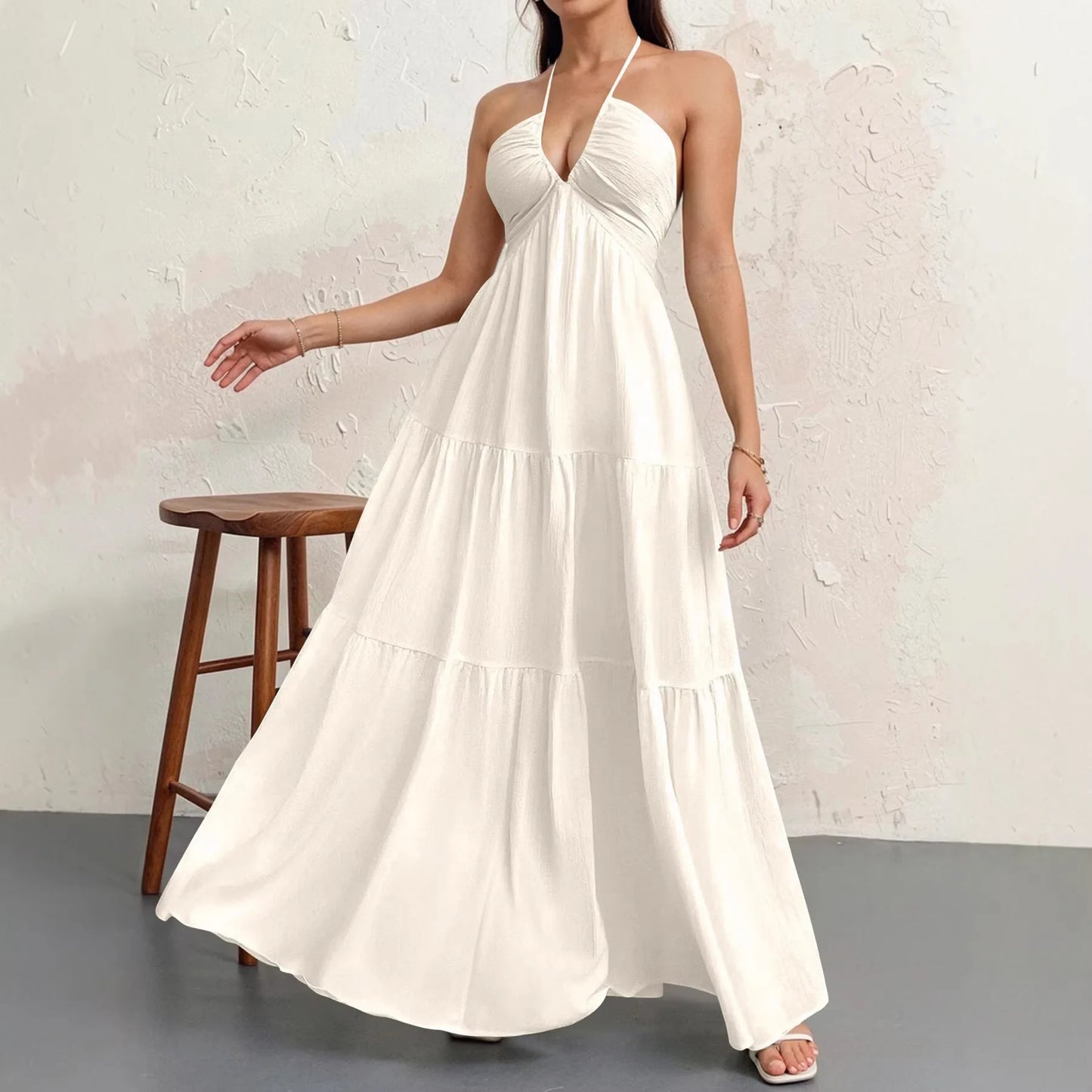 BR6703 Vestido Longo Feminino Estilo Boho – Decote em V Profundo, Ombros à Mostra, Cintura Alta e Cinto – Ideal para Casamentos e Festivais (Campeão de Vendas)