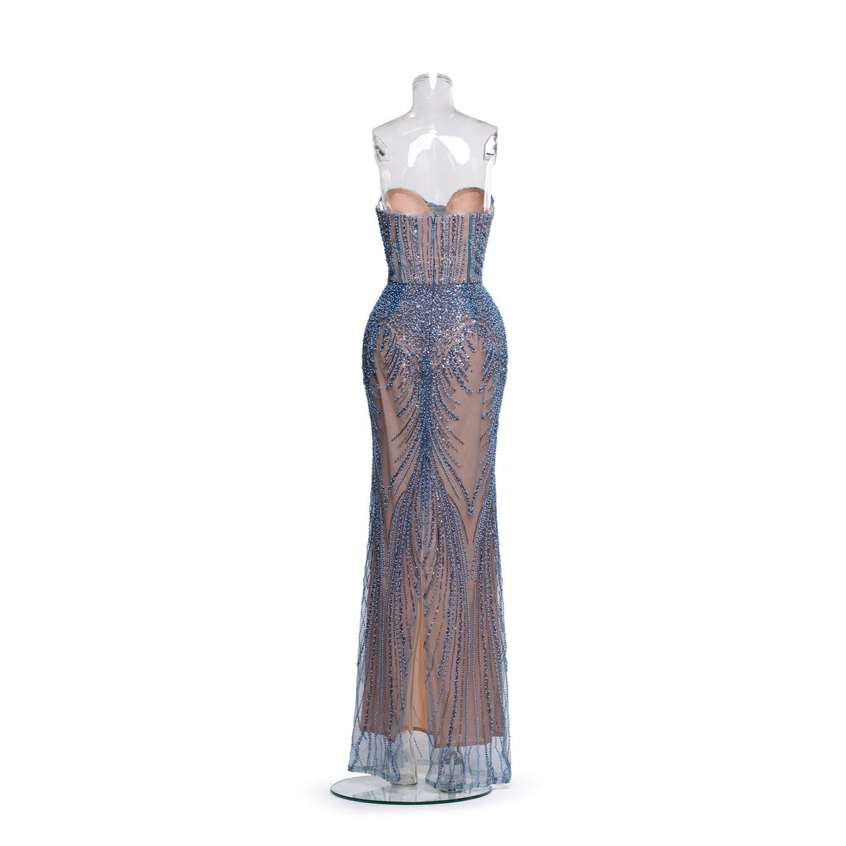 Vestido sereia de alta-costura com corpete de laços em 3D e design de lantejoulas em cascata.