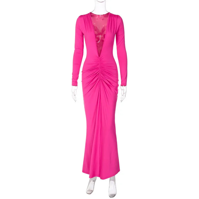 Vestido longo feminino sexy de festa com costas abertas, modelo maxi, estilo tubinho, com drapeado, cor sólida, ideal para a primavera e o verão.
