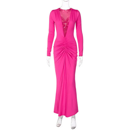 Vestido longo feminino sexy de festa com costas abertas, modelo maxi, estilo tubinho, com drapeado, cor sólida, ideal para a primavera e o verão.